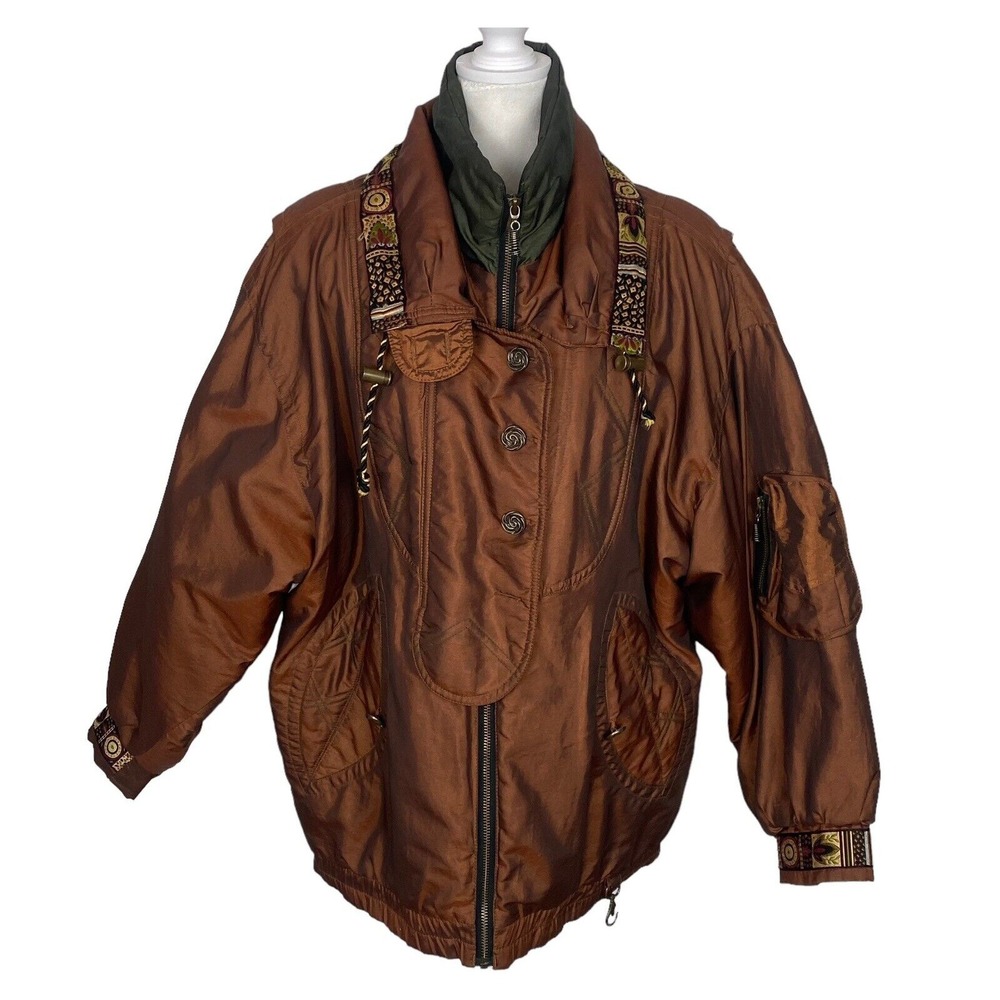 Vtg ANDY JOHNS Women Iridescent Puffer Coat Sz S Bronze Brown Unique 80s 90s c-5